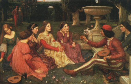 //afbeelding schilderij waarop een troubadour voordraagt aan enkele dames//